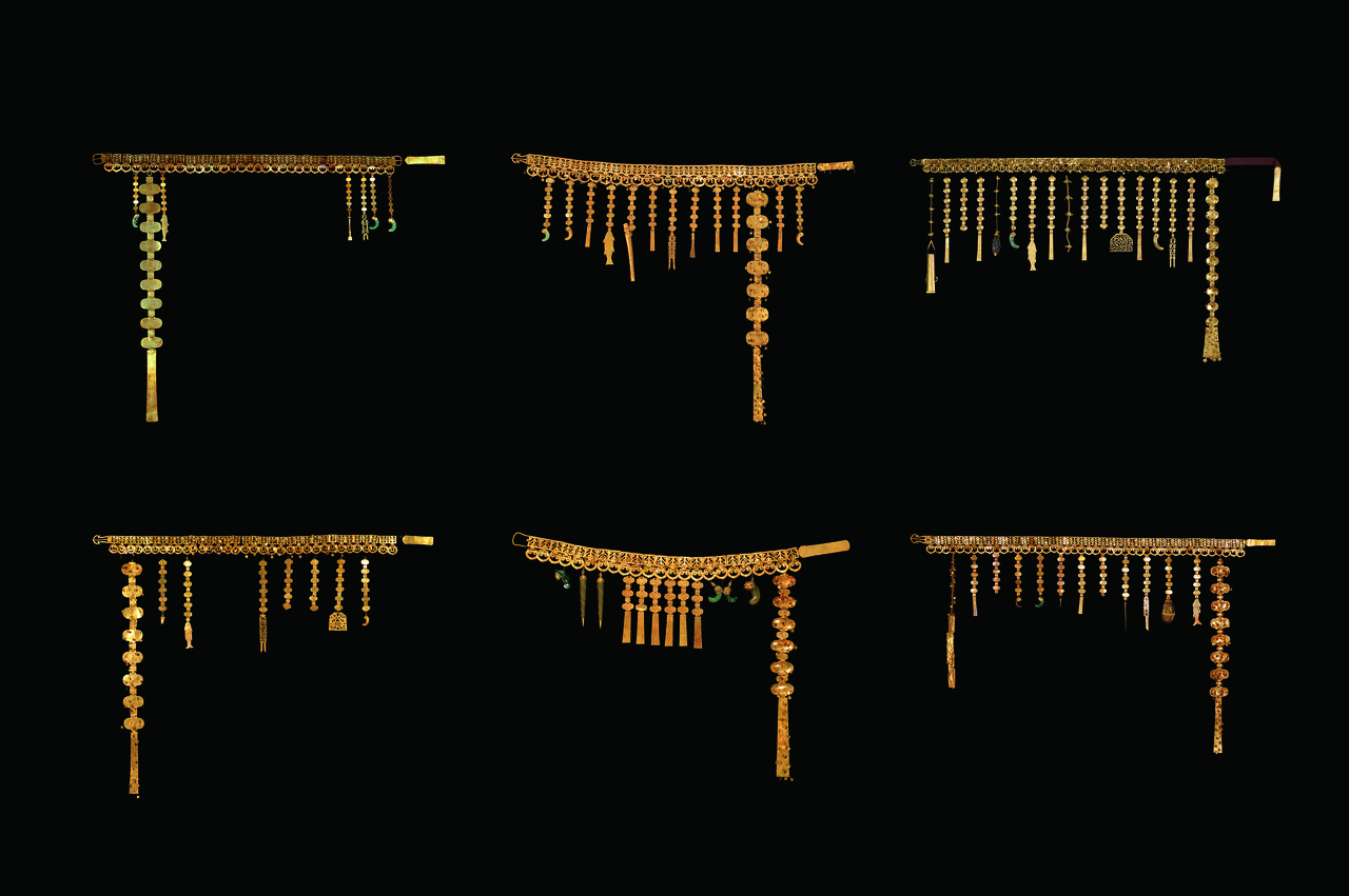 Clockwise from top left: Gold Belt from South Mound of Hwangnamdaechong, Gold Belt from Geumgwanchong, Gold Belt from Cheonmachong, Gold Belt  from Geumnyeongchong and Gold Belt from Seobongchong (Gyeongju National Museum)