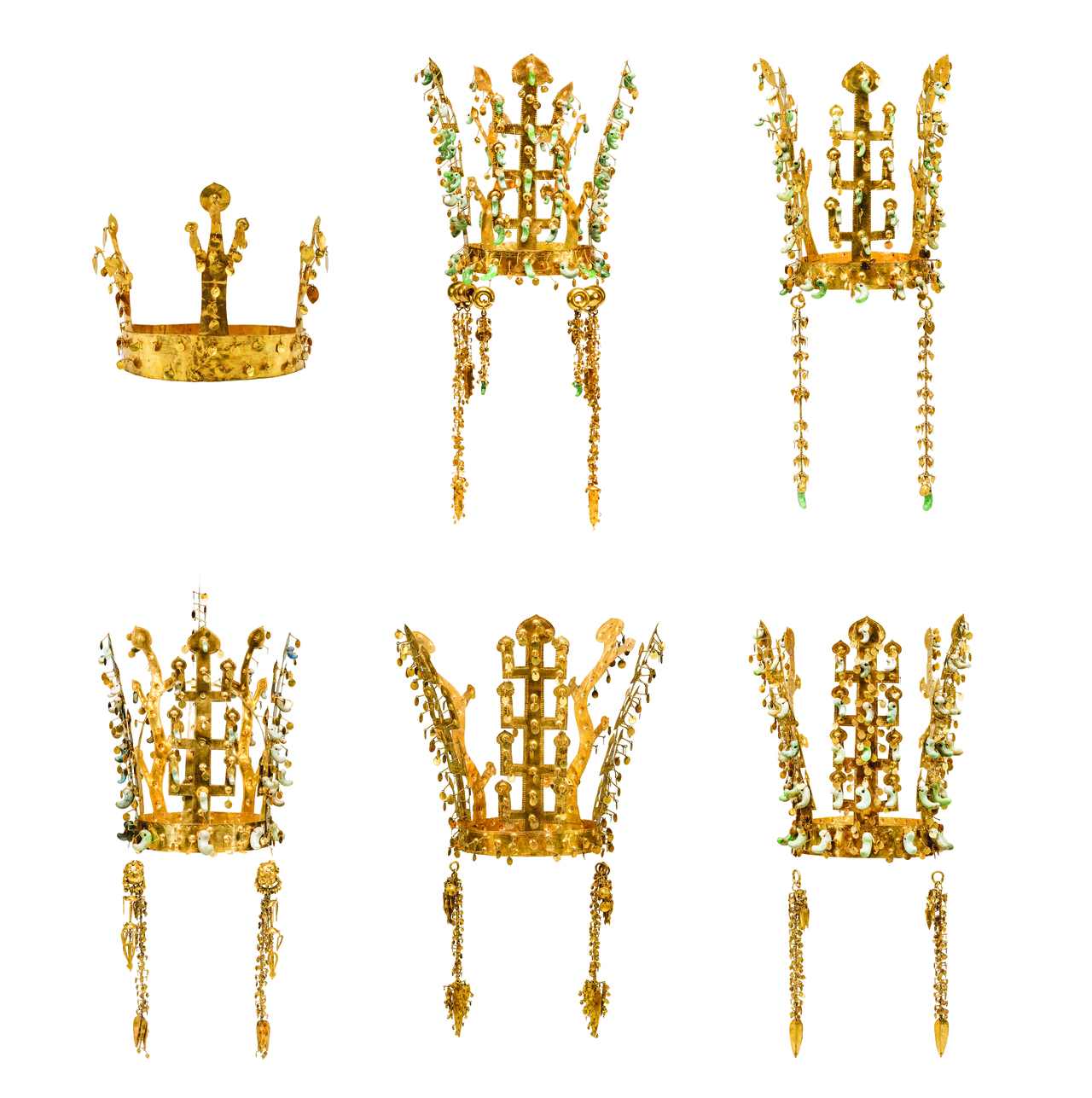 Clockwise from top left: Gold Crown from Gyodong, Gold Crown from Hwangnamdaechong South Mound, Gold Crown from Geumgwanchong, Gold Crown from Cheonmachong, Gold Crown from Geumnyeongchong and Gold Crown from Seobongchong (Gyeongju National Museum)
