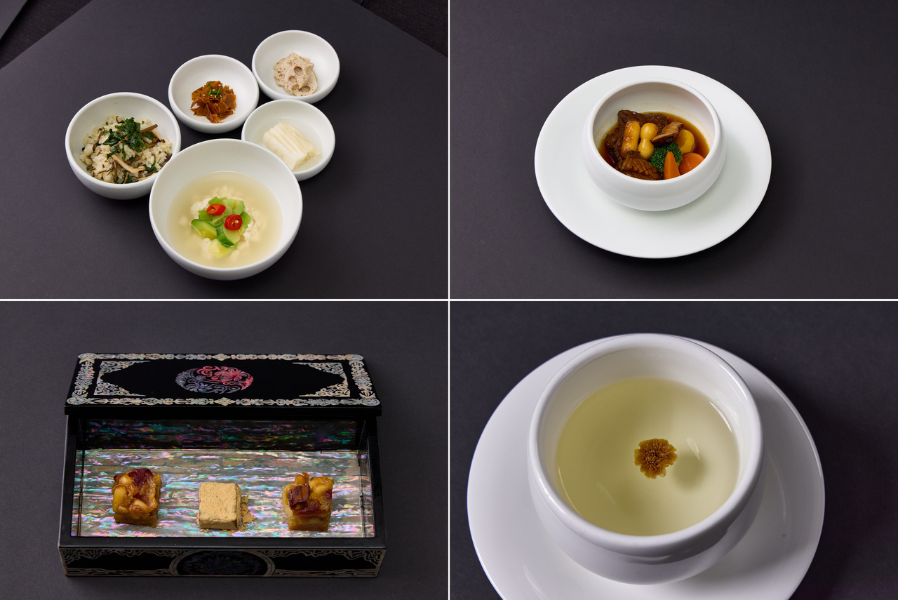 Clockwise from top left: gondalbi bibimbap with sundubu soup served with three kinds of side dishes,  braised Gyeongju Millennium Hanwoo galbijjim with Wando abalone and snowman-shaped rice cake, Jirisan chrysanthemum flower tea and bite-size desserts served in a mother-of-pearl box (Presidential office)