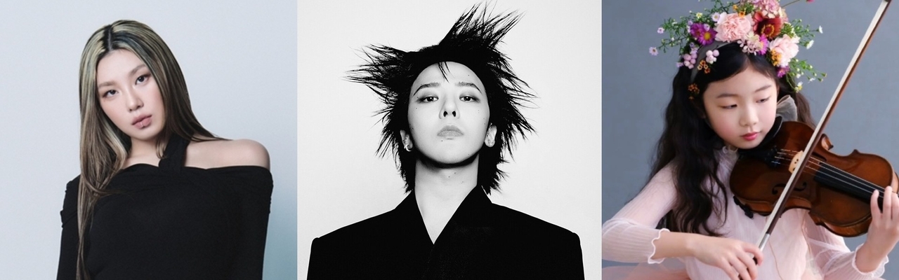 From left: Dancer Lee Jung, K-pop singer and honorary ambassador of APEC 2025 G-Dragon and 11-year-old violin prodigy Kim Yeon-ah (The Black Label, Galaxy Corp., Kim Yeon-ah's Instagram)