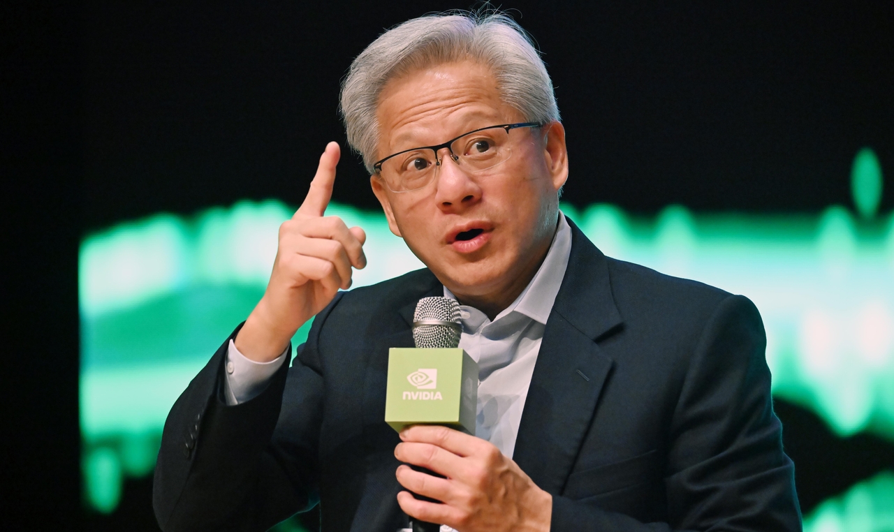 Nvidia CEO Jensen Huang answers questions from reporters during a press conference held at Gyeongju Arts Center in North Gyeongsang Province on Friday. (Im Se-jun/The Korea Herald)
