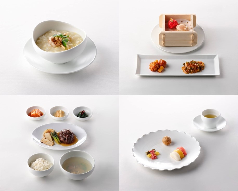 From top left, clockwise: A bowl of chicken porridge; fried chicken nugget with Korean-style spicy sauce and stir-fried abalone with Chinese-style mala sauce; desserts including Korean ribbon-shaped confections and Chinese fried sesame balls; and Korean-style beef patties called tteokgalbi (Presidential office)