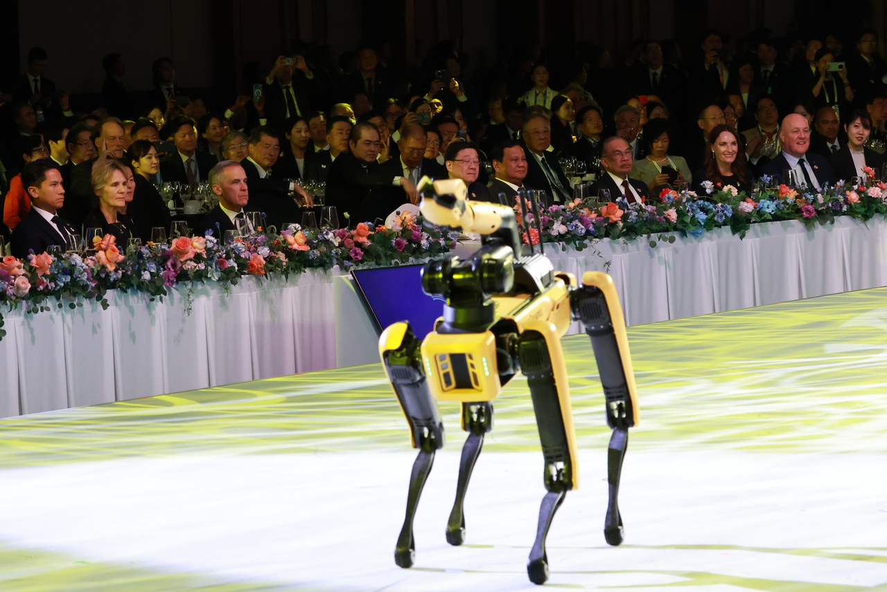 A four-legged robot performs at the APEC Economic Leaders' Gala Dinner on Friday. (Yonhap)