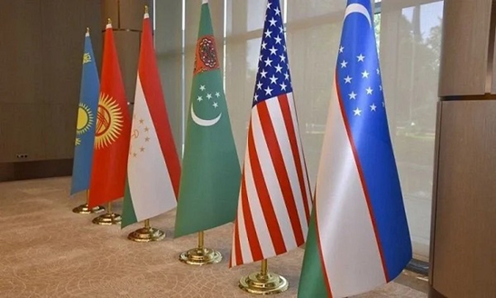 Flags of Central Asian nations and the United States (Embassy of Uzbekistan in Seoul)