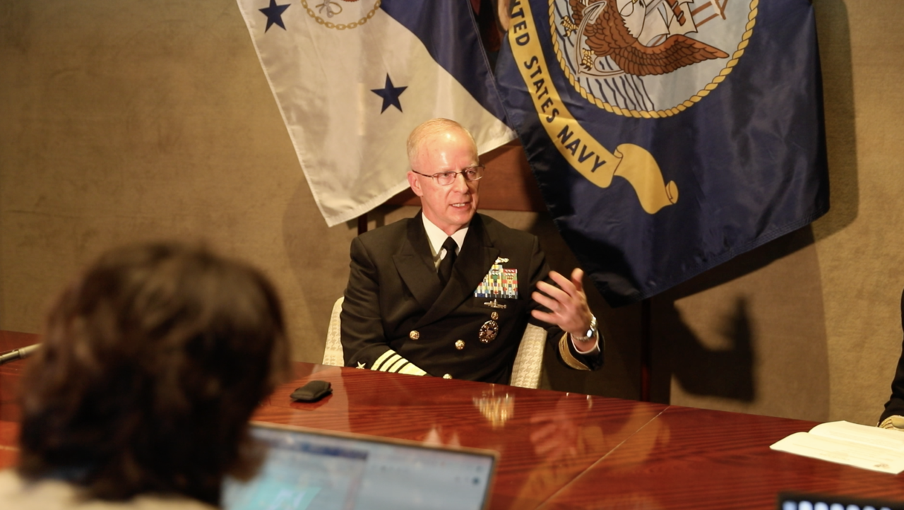 US Chief of Naval Operations Adm. Daryl Caudle speaks in an interview with South Korea's Ministry of National Defense press corps held at the Grand Hyatt Seoul on Friday. (US Navy)